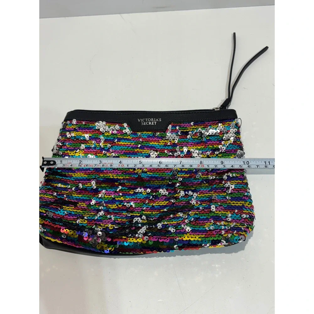 Victoria's Secret Makeup Bag Women OS Multi Rainbow Sequin Zip Pouch Clutch